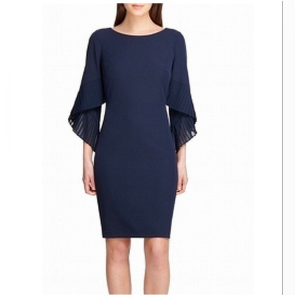 DKNY Mavy Sheath Dress w/ sheer ruffle sleeves trim Sz 12